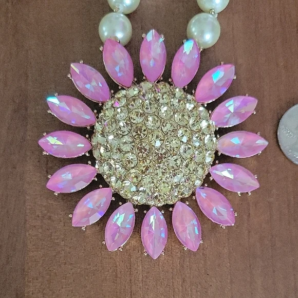 Betsey Johnson Pearl Strand Necklace with Pink Crystal Flower Pendant - Picture 3 of 7